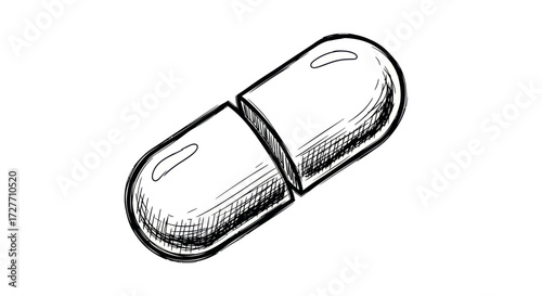 Hand-drawn capsule pill illustration medical treatment concept black and white sketch.