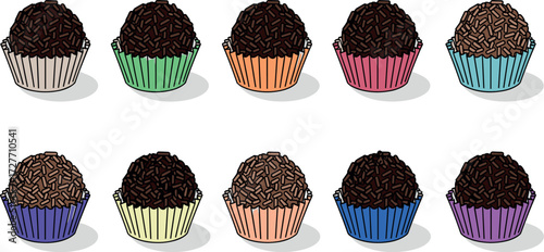 Brazilian food ten brigadeiro candies in white paper cups on transparent background