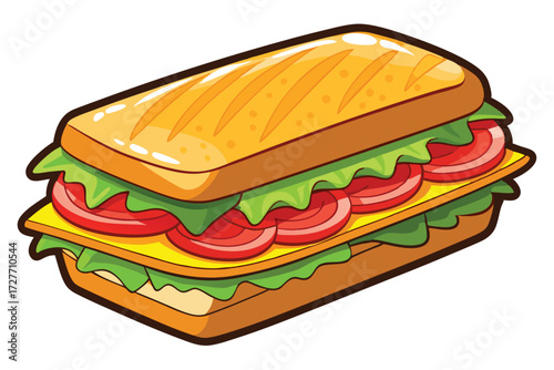 Toasted sandwich features lettuce, cheese, and tomato slices stacked high with a bold outline