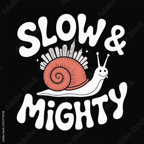 A charming and whimsical hand drawn illustration of a happy snail with a large shell on its back perfect for playful designs