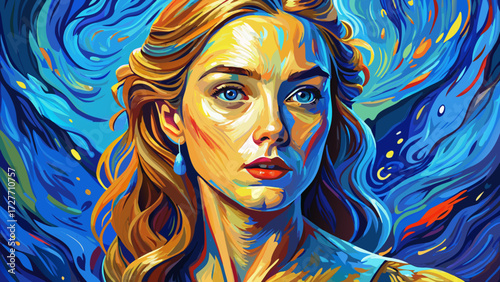 This very beautiful artistic impressionist oil painting of a young woman with striking blue eyes highlights radiant colors, delicate textures, emotional intensity, and timeless elegance in painterly i