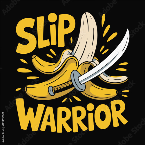Whimsical japanese warrior banana peel character in a playful doodle style with vibrant colors and bold outlines