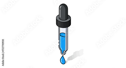 Blue liquid dripping from a glass eyedropper with black rubber bulb.
