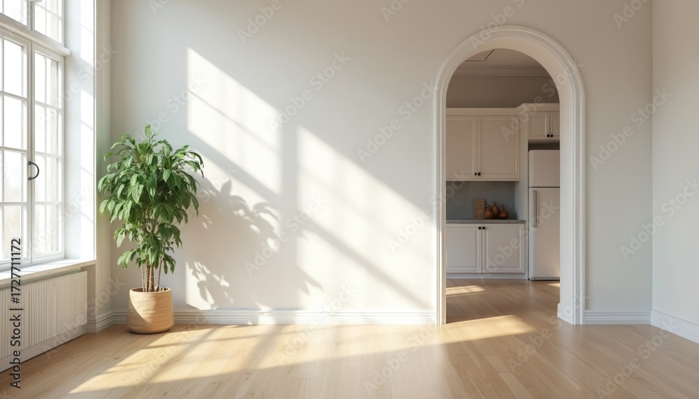 Obraz premium Empty light room with large window casting sun shadows on wall. Archway reveals bright modern kitchen with white cabinets and fridge. Minimalist interior.