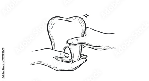 Hand-drawn illustration of a healthy sparkling tooth being gently held.