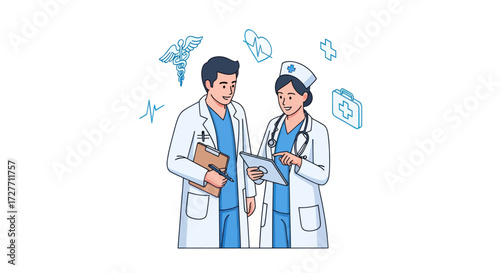 Two Medical Professionals Discussing Patient Information in Illustration.