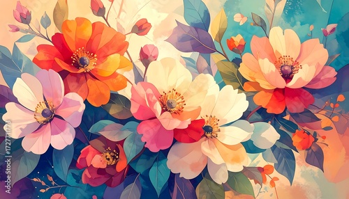 Watercolor flowers in a variety of colors, on a soft, colorful background