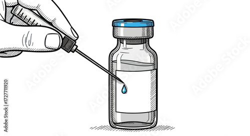 Hand extracting liquid from a glass vial with a needle and syringe.