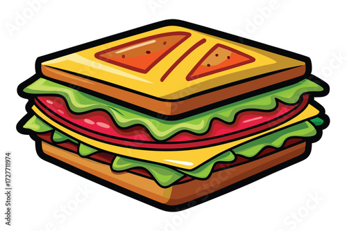 Cartoon sandwich features lettuce, cheese, ham, and toasted bread in an isometric view