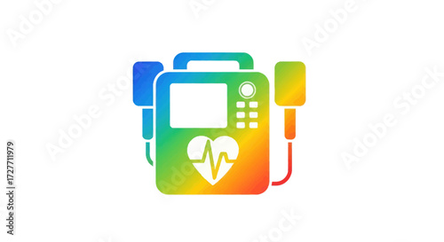Colorful rainbow gradient defibrillator icon with a heart and ECG waveform on the screen.