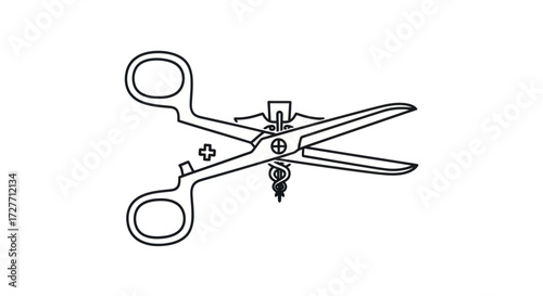 Line Art of Surgical Scissors with Ratchet Lock Mechanism.