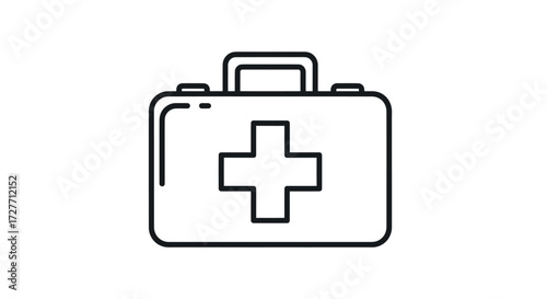 Simple Line Art Icon of a Medical First Aid Kit with a Red Cross Symbol.