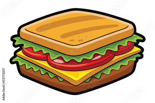 Cartoon sandwich with lettuce, cheese, and tomato fillings features a bold, black outline