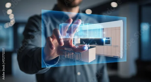 Obraz Man interacting with virtual reality display showing kitchen design. Future of interior design, architectural planning concept.