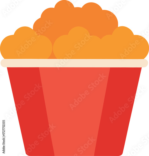Red bucket filled with popcorn, isolated on white background