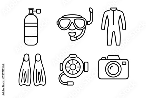 Scuba diving equipment icons: tank, mask, suit, fins, regulator, camera