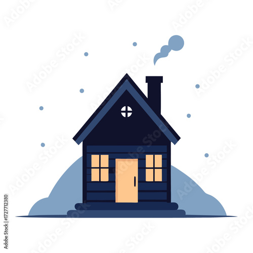 Cozy dark blue cabin with glowing windows and smoke coming from chimney isolated on white background