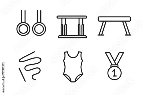 Gymnastics equipment icons: rings, beam, medal, leotard, pommel horse