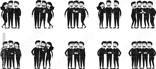 Cartoon group of three people, friends smiling, social celebration, casual gathering, teamwork, friendship bond, happy characters, vector illustration design
