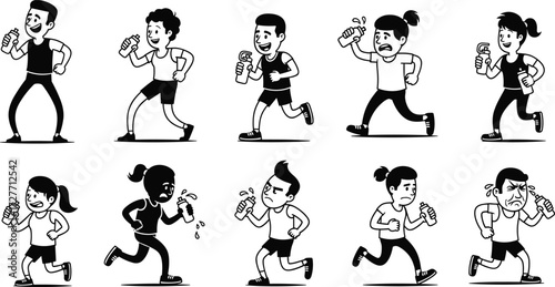 Cartoon runners with water bottles, jogging silhouettes, fitness exercise, running poses, sports lifestyle, hydration, workout humor, vector illustration design