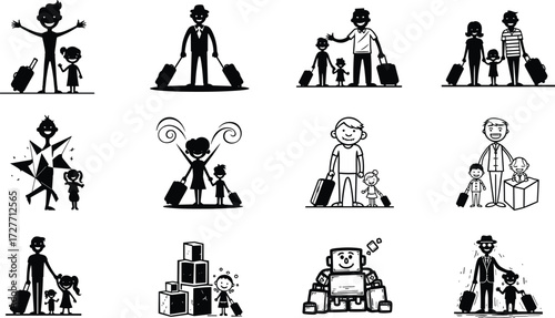 Cartoon silhouettes of adults and children with luggage, family travel, parenting, vacation, guidance, lifestyle design, social connection, vector illustration