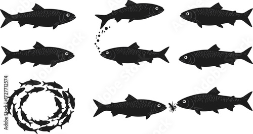 Fish illustration grid, aquatic behavior, black silhouette, bubble trail, circular formation, nature sketch, marine concept