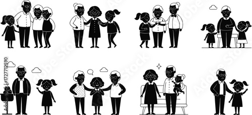 Cartoon silhouettes of adults and children, family interaction scenes, parenting, guidance, lifestyle design, social connection, vector illustration, educational concept