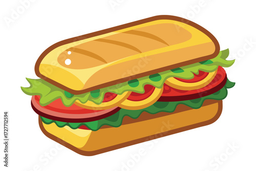 Cartoon sandwich with layers of lettuce, tomato, cheese, and meat isolated over white