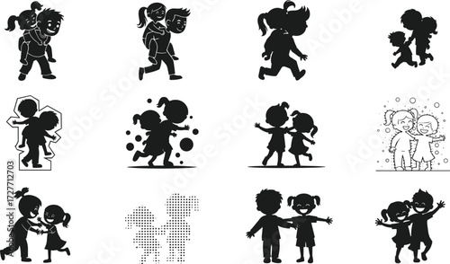 Cartoon silhouettes of children playing, hugging, dancing, friendship, childhood joy, affection, family bond, playful kids, vector illustration design