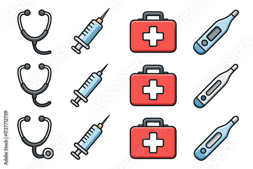 Medical supplies icons - stethoscope, syringe, first aid kit, thermometer