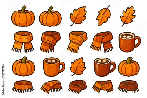 Autumn elements: pumpkins, leaves, cozy scarves, and warm beverages