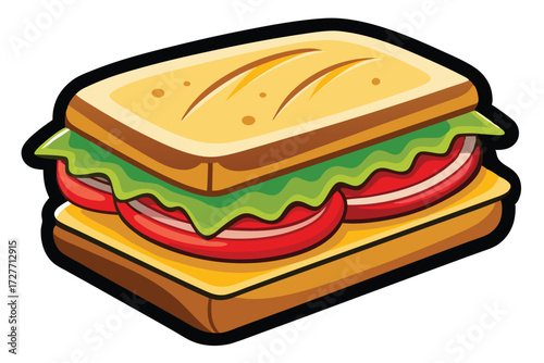 Cartoon sandwich features sliced tomato and fresh lettuce on toasted wheat bread