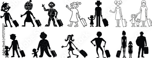 Cartoon silhouettes of travelers with suitcases, family travel, tourism, vacation, journey, luggage, airport design, vector illustration, lifestyle concept