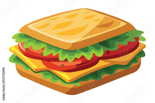 A cartoon sandwich displays layers of lettuce, tomato, and cheese between slices of bread