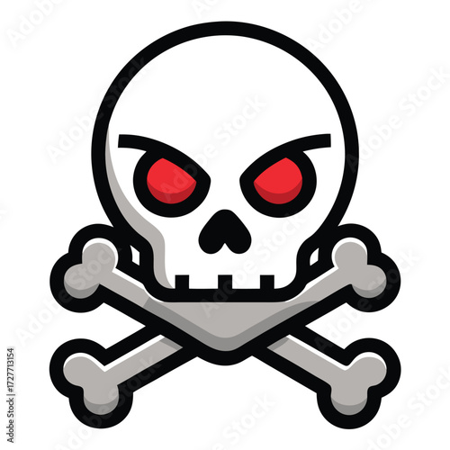 Stylized skull and crossbones with red eyes isolated on white background