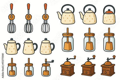 Retro kitchen tools collection featuring whisks teapots jars coffee grinders