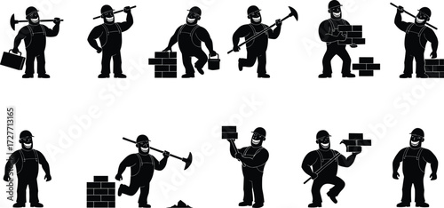 Construction worker silhouettes, bricklaying, pickaxe, wrench, masonry tools, industrial labor, building site, workforce design, vector illustration, construction industry art