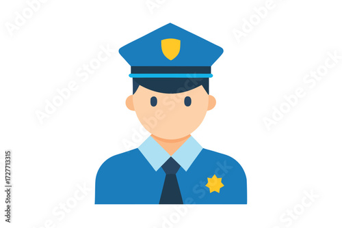 Policeman in blue uniform wearing a cap, shirt, and tie looks ahead