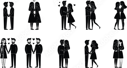 Couple silhouettes, hugging, holding hands, romantic poses, inclusive love, same‑sex and heterosexual relationships, affection, intimacy, vector illustration design