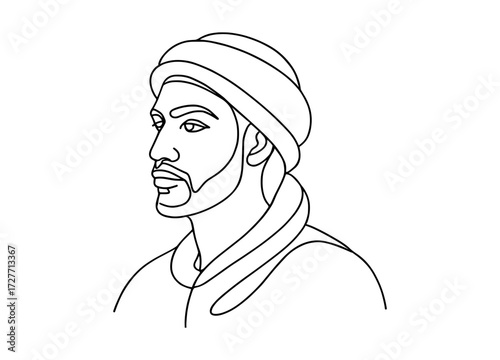Minimalist line art portrait of a man in traditional headwear