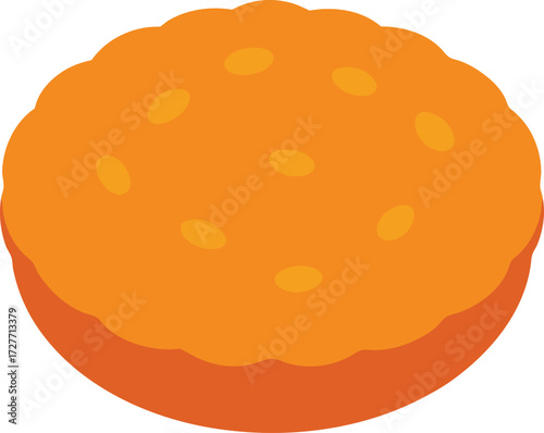 A cartoon illustration of a round orange pastry with small yellow dots on top, isolated on a white background