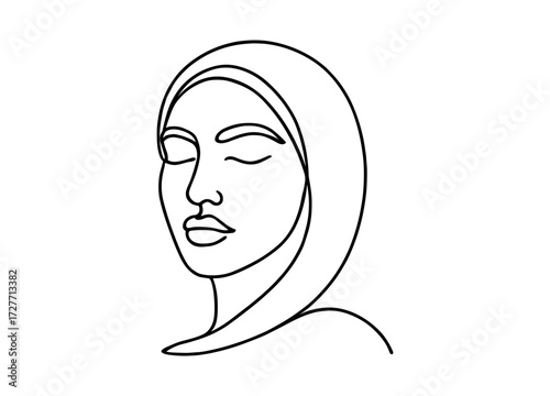 Minimalist one line art of woman in hijab with closed eyes