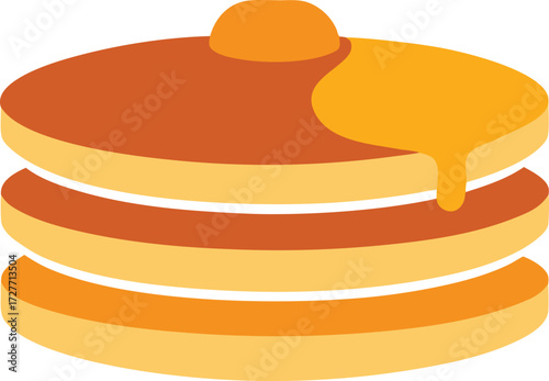 A stack of three cartoon pancakes drizzled with syrup, isolated on a white background