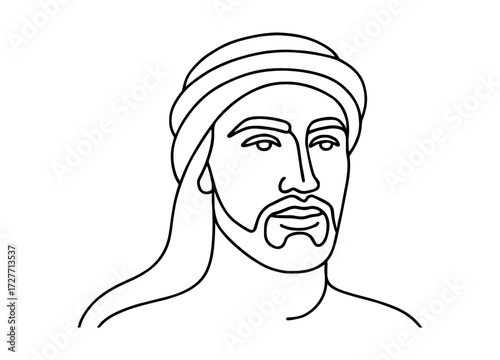 Line art of bearded man wearing traditional headwear