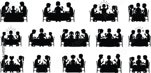 Family dining silhouettes, parents and children at table, eating together, mealtime communication, celebration, social bond, lifestyle vector illustration design