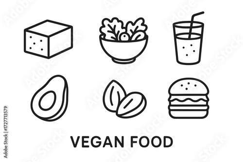Vegan food icons: tofu, salad, juice, avocado, nuts, burger