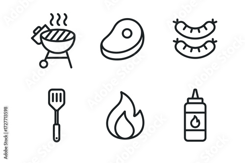 Barbecue icons: grill, steak, sausages, spatula, fire, sauce bottle