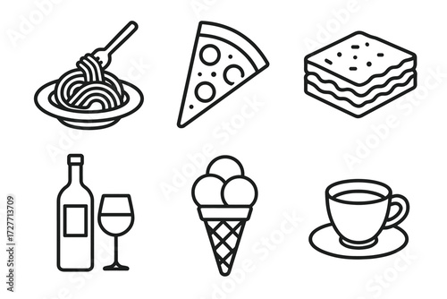 Simple line art of pasta, pizza, lasagna, wine bottle, ice cream, and coffee cup