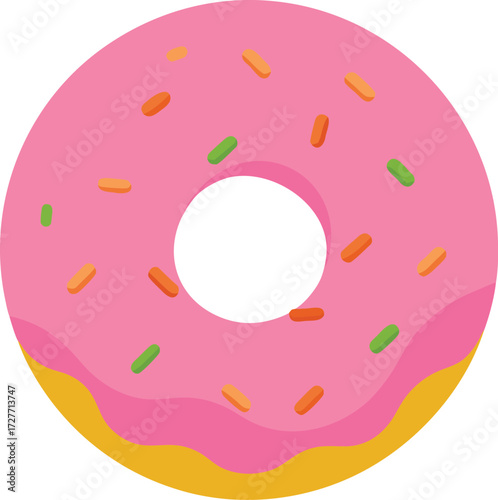 A pink frosted doughnut with colorful sprinkles, isolated on a white background