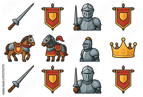 Medieval icon set featuring knights, swords, banners, horse, and crown